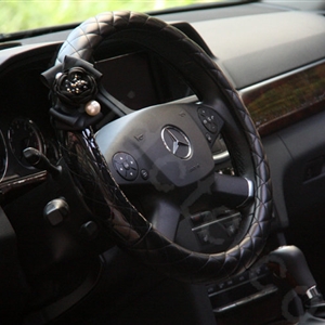 Luxury Pearl Camellia Flower Grip Steering Wheel Covers Genuine Sheepskin 16 inch 40CM - Black