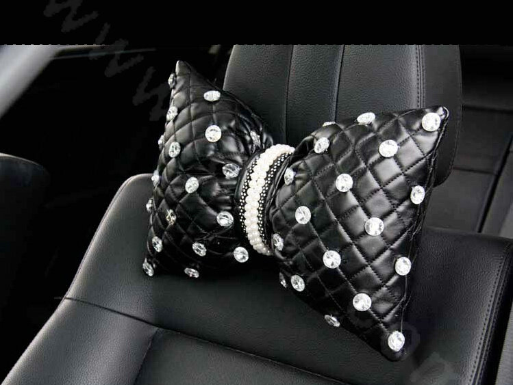 Luxury Pearl Crystal Car Headrest Genuine Sheepskin Neck Safety Pillow 1pcs - Black