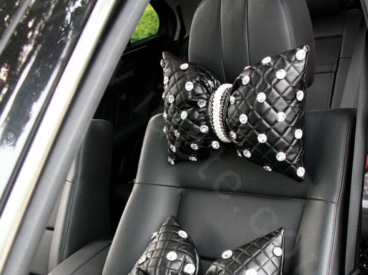 Luxury Pearl Crystal Car Headrest Genuine Sheepskin Neck Safety Pillow 1pcs - Black