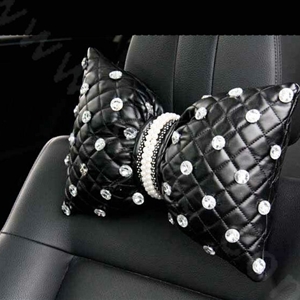 Luxury Pearl Crystal Car Headrest Genuine Sheepskin Neck Safety Pillow 1pcs - Black