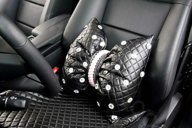 Luxury Pearl Crystal Car Lumbar Pillow Genuine Sheepskin Support Cushion 1pcs - Black
