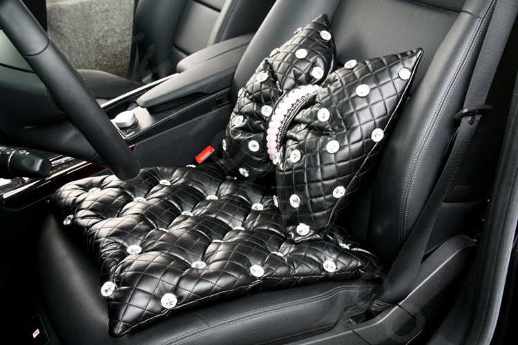 Luxury Pearl Crystal Car Lumbar Pillow Genuine Sheepskin Support Cushion 1pcs - Black
