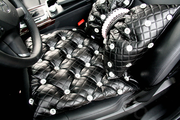 Luxury Pearl Crystal Car Lumbar Pillow Genuine Sheepskin Support Cushion 1pcs - Black