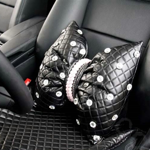 Luxury Pearl Crystal Car Lumbar Pillow Genuine Sheepskin Support Cushion 1pcs - Black