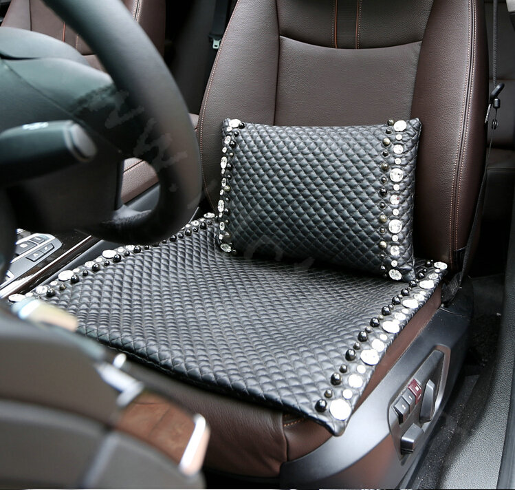 Luxury Pearl Diamond Universal Car Seat Cushion Women Genuine Sheepskin Auto Pad 1pcs - Black