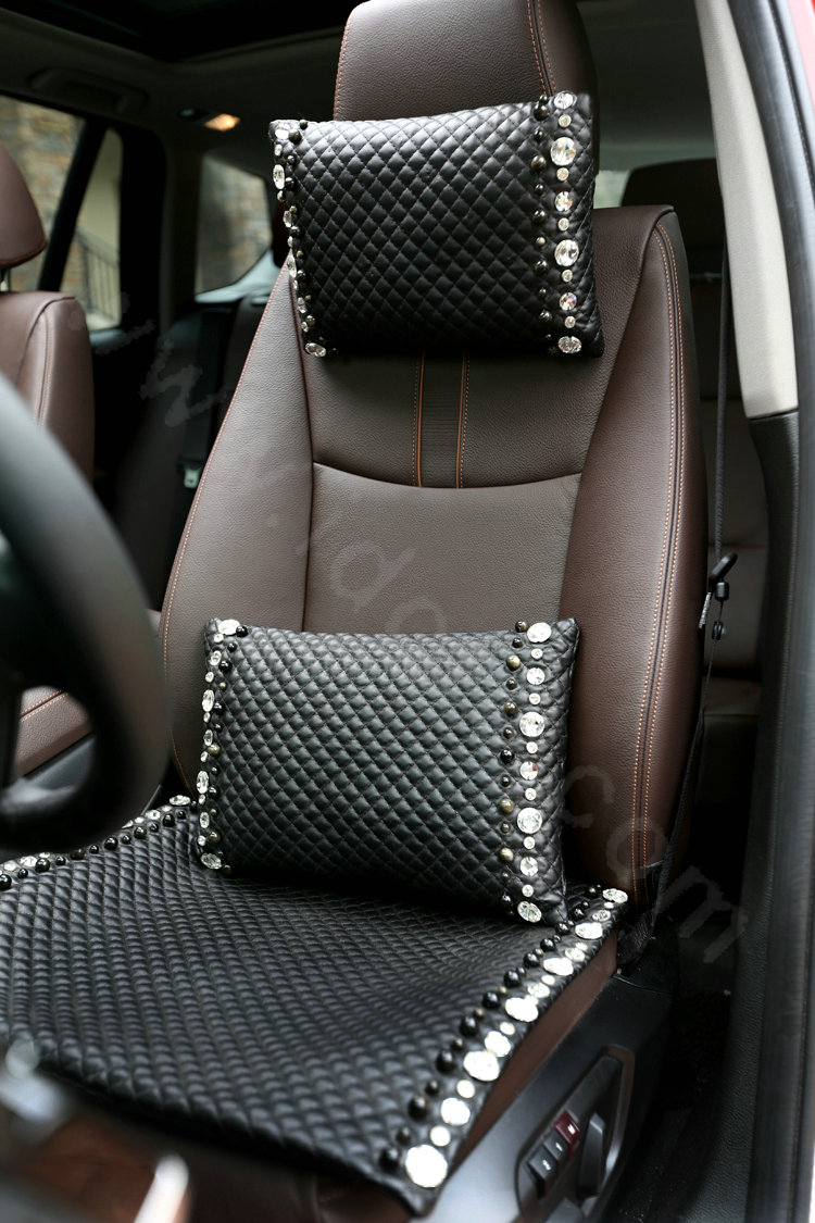 Luxury Pearl Diamond Universal Car Seat Cushion Women Genuine Sheepskin Auto Pad 1pcs - Black