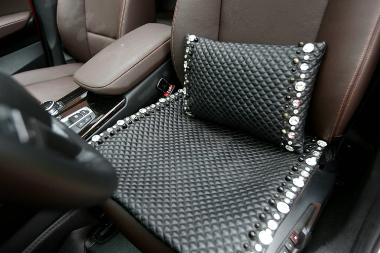 Luxury Pearl Diamond Universal Car Seat Cushion Women Genuine Sheepskin Auto Pad 1pcs - Black
