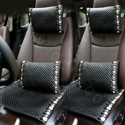 Luxury Pearl Diamond Universal Car Seat Cushion Women Genuine Sheepskin Auto Pad 1pcs - Black