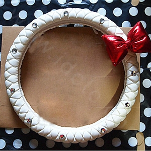 Luxury Red Bowknot Diamond Genuine Leather Car Steering Wheel Covers 15 inch 38CM - White