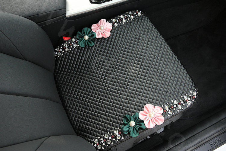 Luxury Rhinestone Beads Flower General Car Seat Cushion Genuine Leather Single Pad - Black