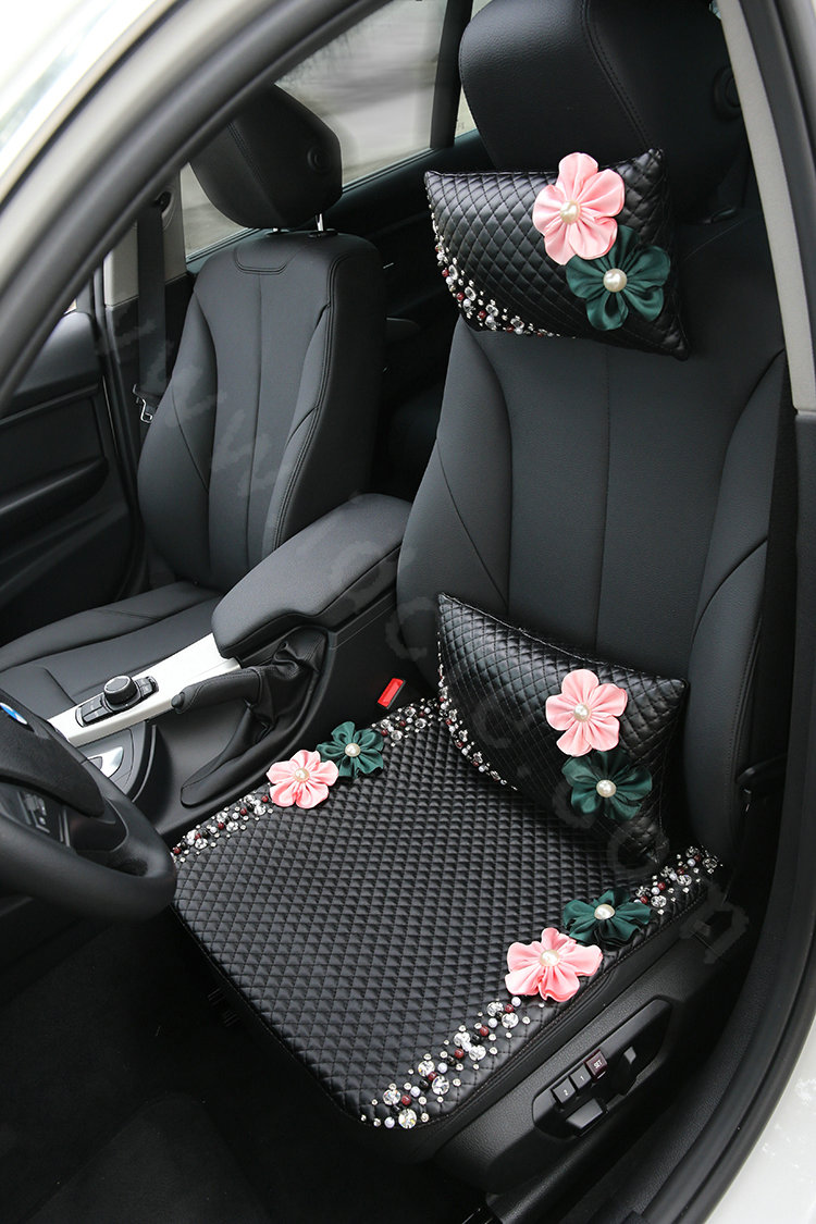Luxury Rhinestone Beads Flower General Car Seat Cushion Genuine Leather Single Pad - Black