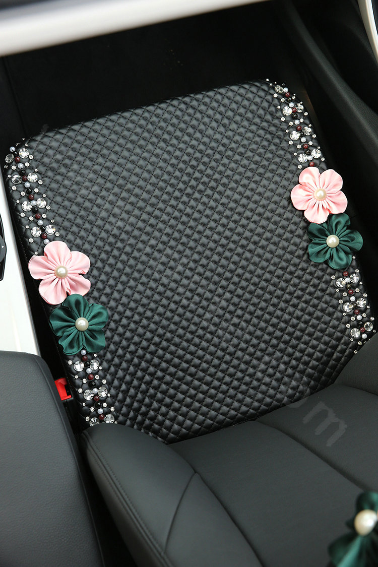 Luxury Rhinestone Beads Flower General Car Seat Cushion Genuine Leather Single Pad - Black