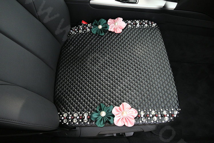 Luxury Rhinestone Beads Flower General Car Seat Cushion Genuine Leather Single Pad - Black