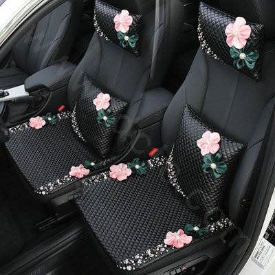 Luxury Rhinestone Beads Flower General Car Seat Cushion Genuine Leather Single Pad - Black