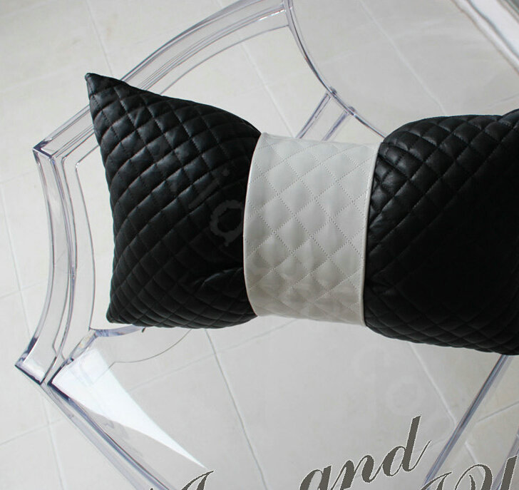 Luxury Rhombus Sheepskin Leather Car Headrest Supplies Neck Safety Pillow 1pcs - Black White