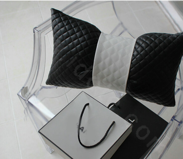 Luxury Rhombus Sheepskin Leather Car Headrest Supplies Neck Safety Pillow 1pcs - Black White