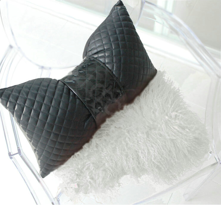 Luxury Rhombus Sheepskin Leather Car Headrest Supplies Neck Safety Pillow 1pcs - Black