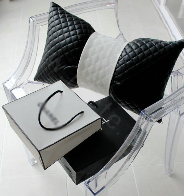 Luxury Rhombus Sheepskin Leather Car Lumbar Pillow Auto Back Support Cushion 1pcs - Black White