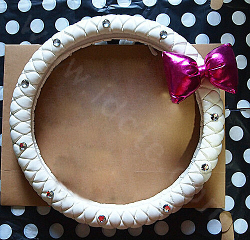 Luxury Rose Bowknot Diamond Genuine Leather Car Steering Wheel Covers 15 inch 38CM - White