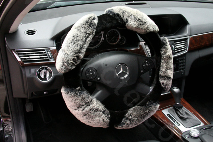 Luxury Winter Genuine Wool With Rabbit Fur Auto Steering Wheel Covers 15 inch 38CM - Gray