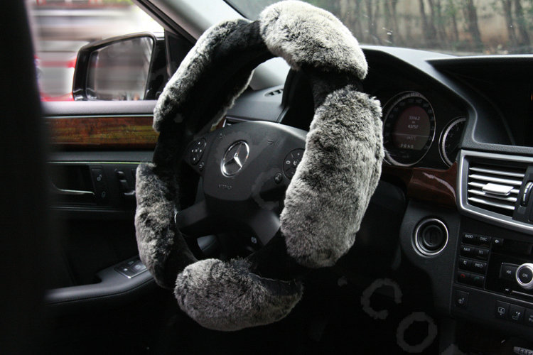 Luxury Winter Genuine Wool With Rabbit Fur Auto Steering Wheel Covers 15 inch 38CM - Gray