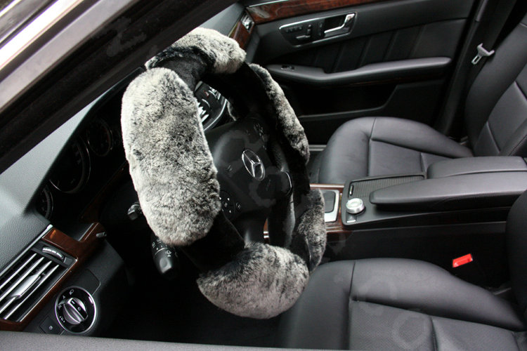Luxury Winter Genuine Wool With Rabbit Fur Auto Steering Wheel Covers 15 inch 38CM - Gray