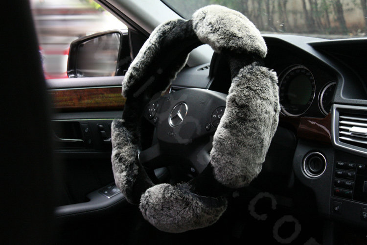 Luxury Winter Genuine Wool With Rabbit Fur Auto Steering Wheel Covers 15 inch 38CM - Gray