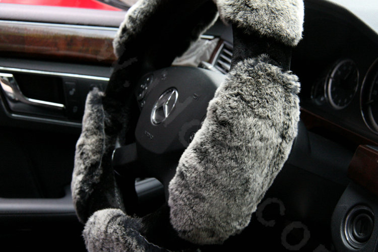 Luxury Winter Genuine Wool With Rabbit Fur Auto Steering Wheel Covers 15 inch 38CM - Gray