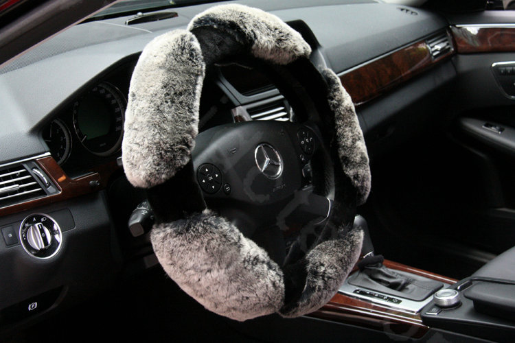 Luxury Winter Genuine Wool With Rabbit Fur Auto Steering Wheel Covers 15 inch 38CM - Gray