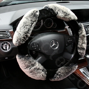 Luxury Winter Genuine Wool With Rabbit Fur Auto Steering Wheel Covers 15 inch 38CM - Gray