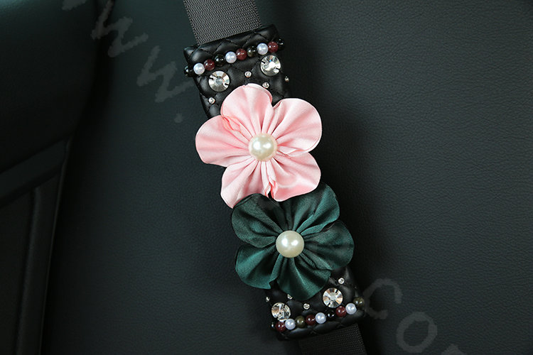Luxury Women Diamond Flower Vehicle Seat Safety Belt Covers Genuine Leather 2pcs - Black