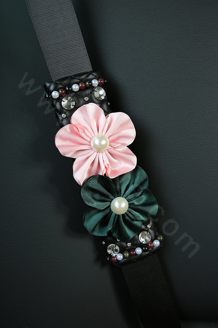 Luxury Women Diamond Flower Vehicle Seat Safety Belt Covers Genuine Leather 2pcs - Black