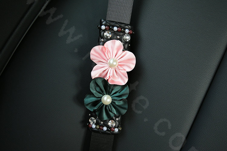 Luxury Women Diamond Flower Vehicle Seat Safety Belt Covers Genuine Leather 2pcs - Black
