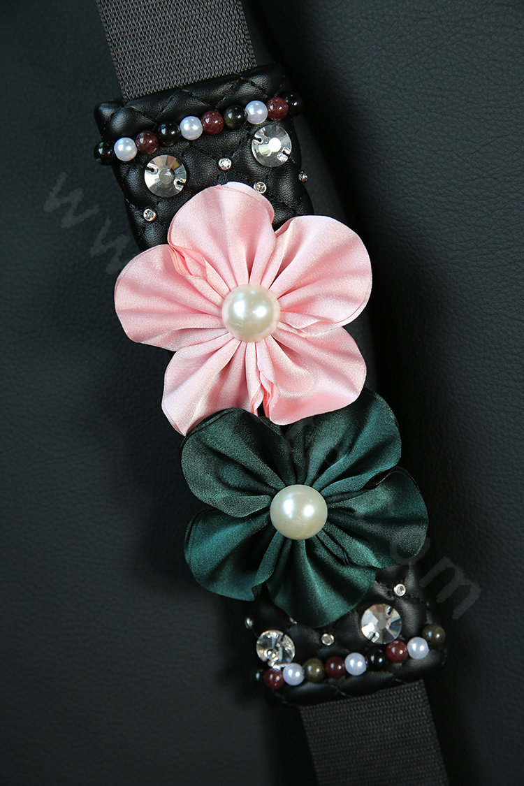 Luxury Women Diamond Flower Vehicle Seat Safety Belt Covers Genuine Leather 2pcs - Black