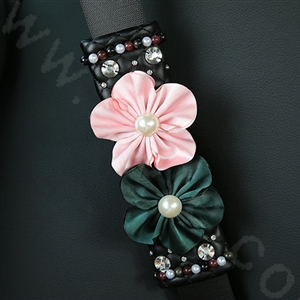 Luxury Women Diamond Flower Vehicle Seat Safety Belt Covers Genuine Leather 2pcs - Black