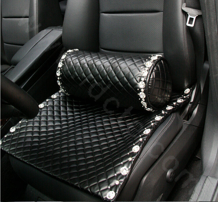 Luxury Women Rhinestone Genuine Sheepskin Auto Pad Universal Car Seat Cushion 1pcs - Black