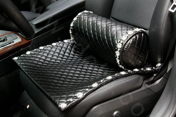 Luxury Women Rhinestone Genuine Sheepskin Auto Pad Universal Car Seat Cushion 1pcs - Black