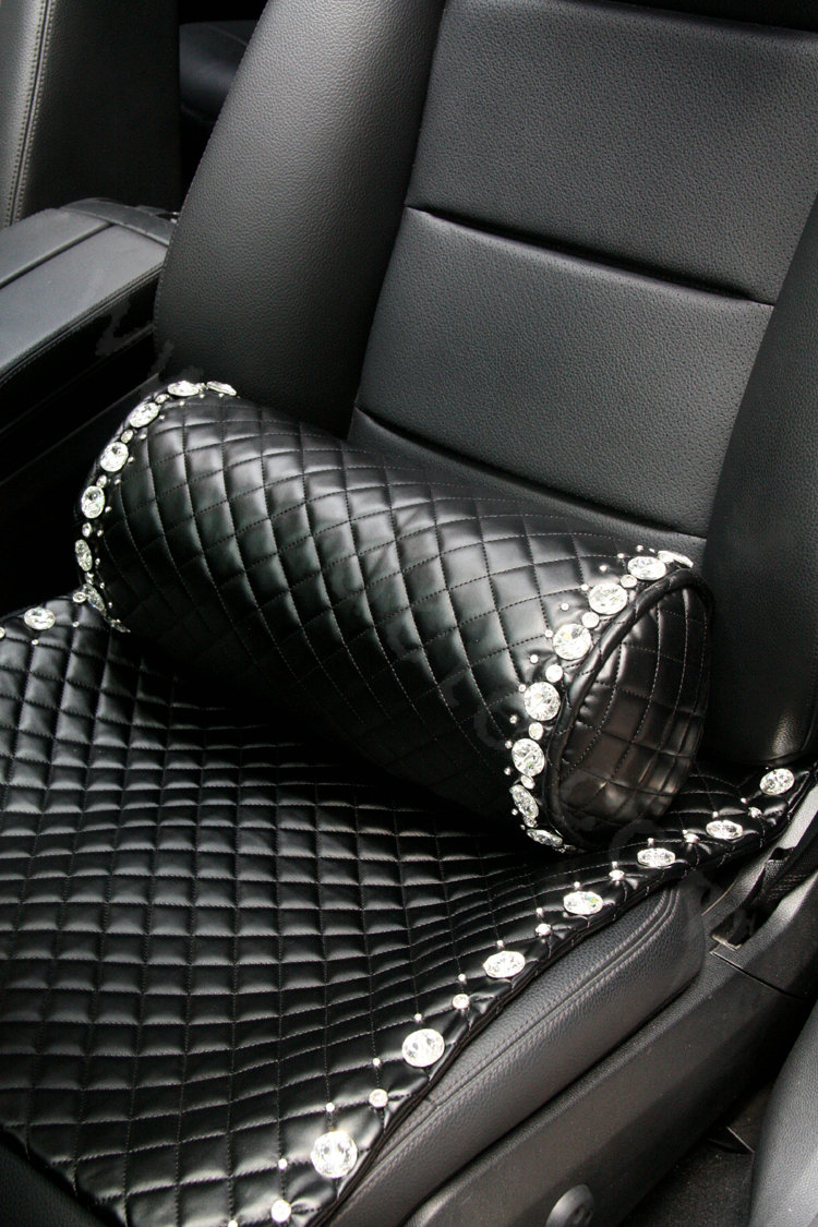 Luxury Women Rhinestone Genuine Sheepskin Auto Pad Universal Car Seat Cushion 1pcs - Black