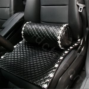 Luxury Women Rhinestone Genuine Sheepskin Auto Pad Universal Car Seat Cushion 1pcs - Black