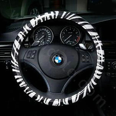 Luxury Zebra Print Polyurethane Car Steering Wheel Covers 15 inch 38CM - White Black