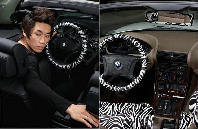 Luxury Zebra Print Polyurethane Car Steering Wheel Covers 15 inch 38CM - White Black
