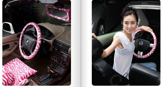 Luxury Zebra Print Polyurethane Car Steering Wheel Covers 15 inch 38CM - Pink White