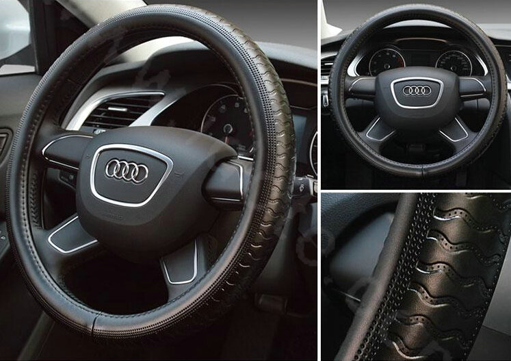 Man Business Snake Genuine Leather Vehicle Steering Wheel Covers 15 inch 38CM - Black