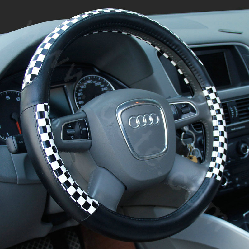 Man Classic Plaids PU Leather Car Steering Wheel Covers 15 inch 38CM - Black White