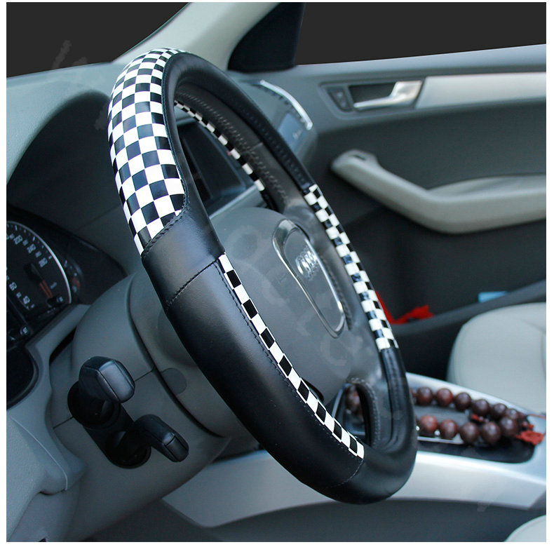 Man Classic Plaids PU Leather Car Steering Wheel Covers 15 inch 38CM - Black White