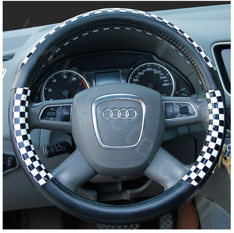 Man Classic Plaids PU Leather Car Steering Wheel Covers 15 inch 38CM - Black White