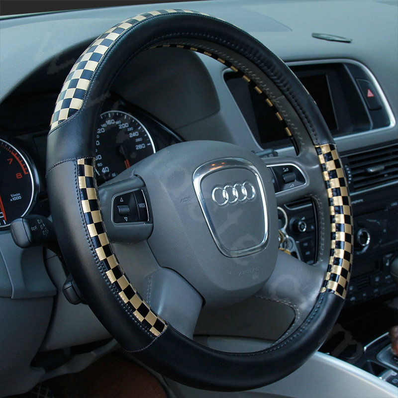 Man Classic Plaids PU Leather Car Steering Wheel Covers 15 inch 38CM - Gold Black