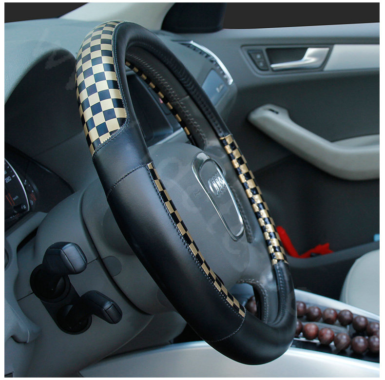 Man Classic Plaids PU Leather Car Steering Wheel Covers 15 inch 38CM - Gold Black