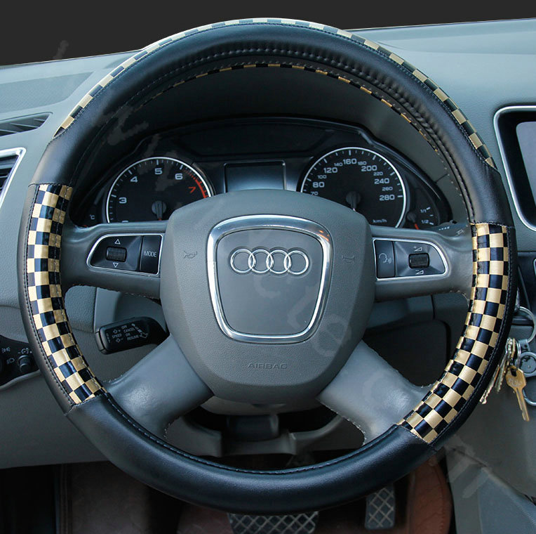 Man Classic Plaids PU Leather Car Steering Wheel Covers 15 inch 38CM - Gold Black