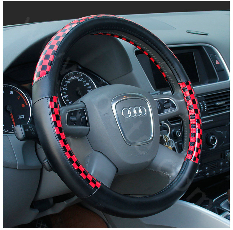 Man Classic Plaids PU Leather Car Steering Wheel Covers 15 inch 38CM - Red Black